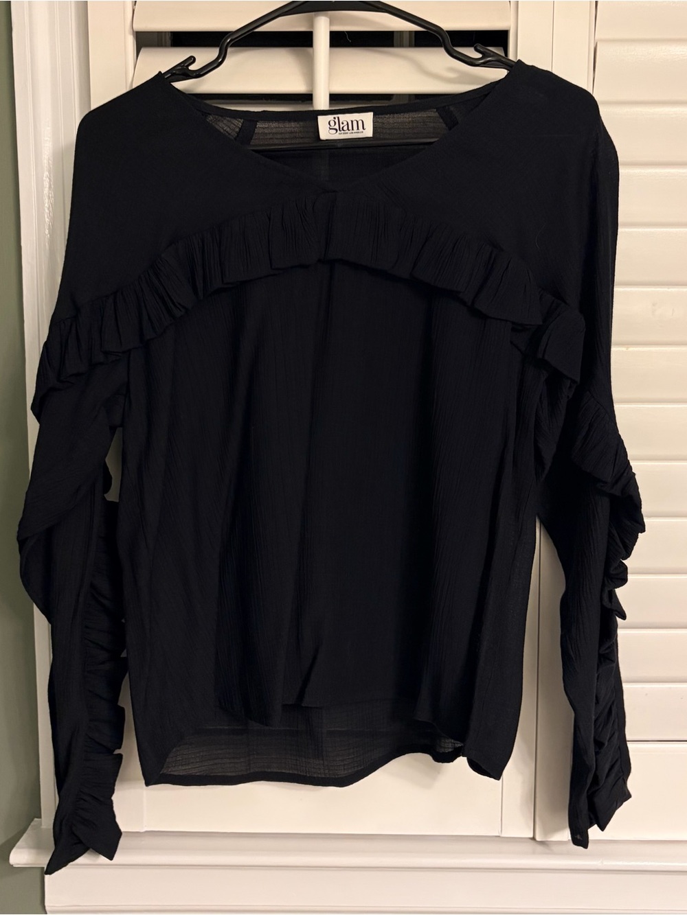 glam Black Ruffle Long-Sleeve Blouse